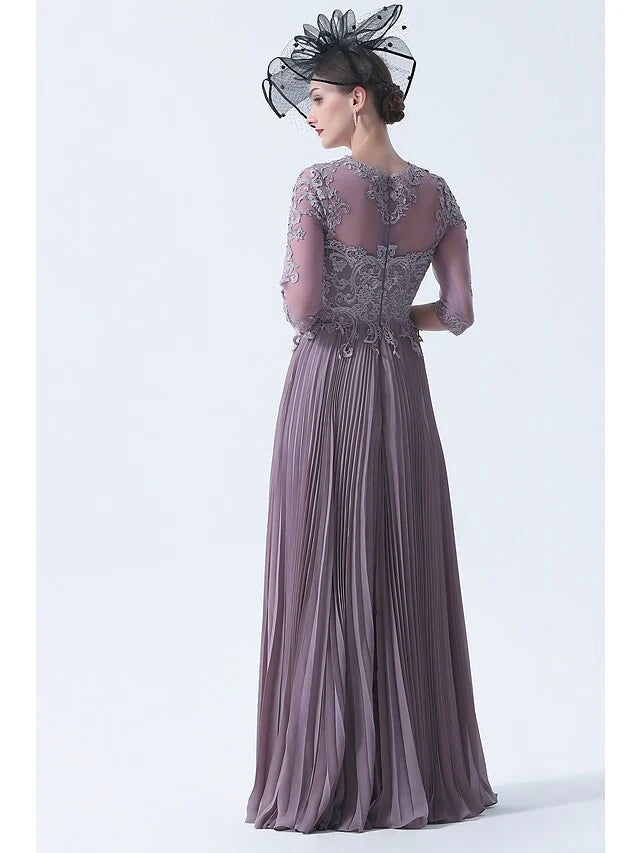 Wholesale A-Line Mother of the Bride Dress Plus Size Elegant See Through Bateau Neck Chiffon Lace Half Sleeve with Sash Ribbon Appliques